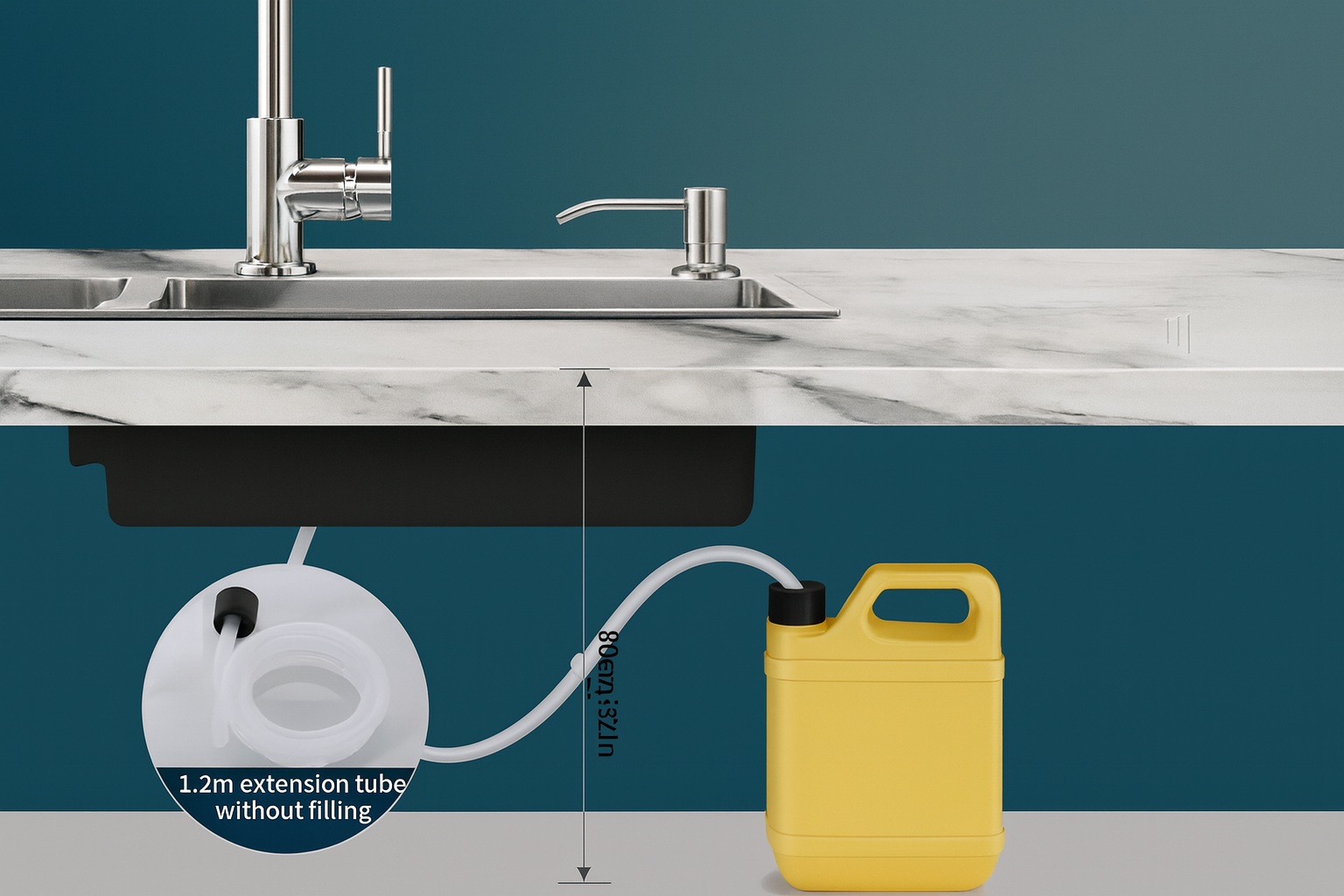 Under-sink coordination for faucet, trap, and soap bottle